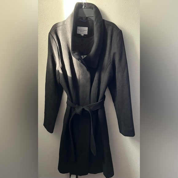 New Cole Haan Women's Slick Wool Belted Coat In Black Size 14 - Picture 4 of 12